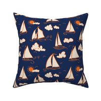 Sunny Sailboats on Navy// nautical sailing boat ships sunny sunshine clouds orange cream navy fabric