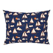 Sunny Sailboats on Navy// nautical sailing boat ships sunny sunshine clouds orange cream navy fabric