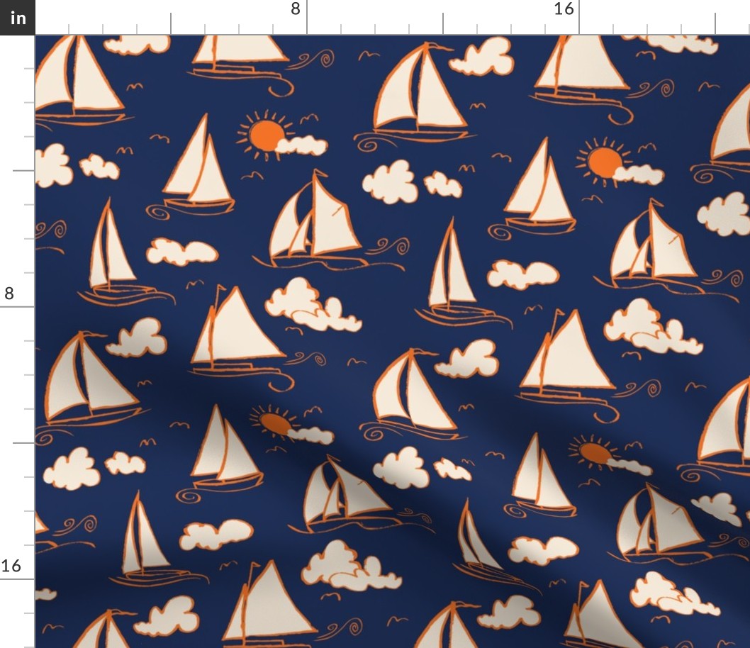 Sunny Sailboats on Navy// nautical sailing boat ships sunny sunshine clouds orange cream navy fabric