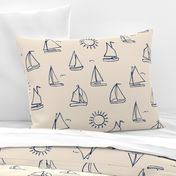 Sailboats Sketch on Cream // nautical sailing boat ships sunny sunshine navy fabric