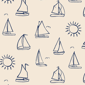 Sailboats Sketch on Cream // nautical sailing boat ships sunny sunshine navy fabric