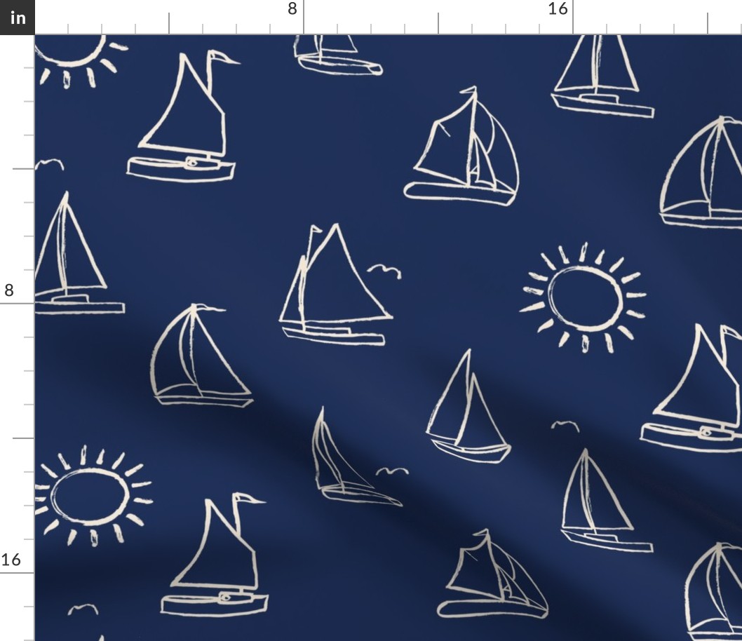 Sailboats Sketch on Cream // nautical sailing boat ships sunny sunshine navy fabric