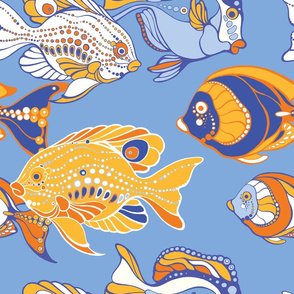 Stylized tropical fish blue background