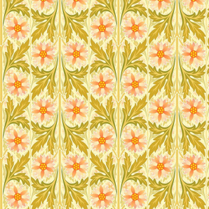 Classic floral motif in peach and avocado