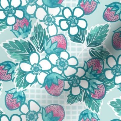 Large Floral and Strawberry in Pink and Mint 