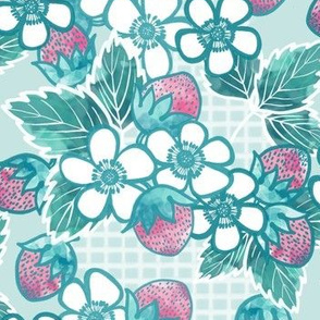 Large Floral and Strawberry in Pink and Mint 