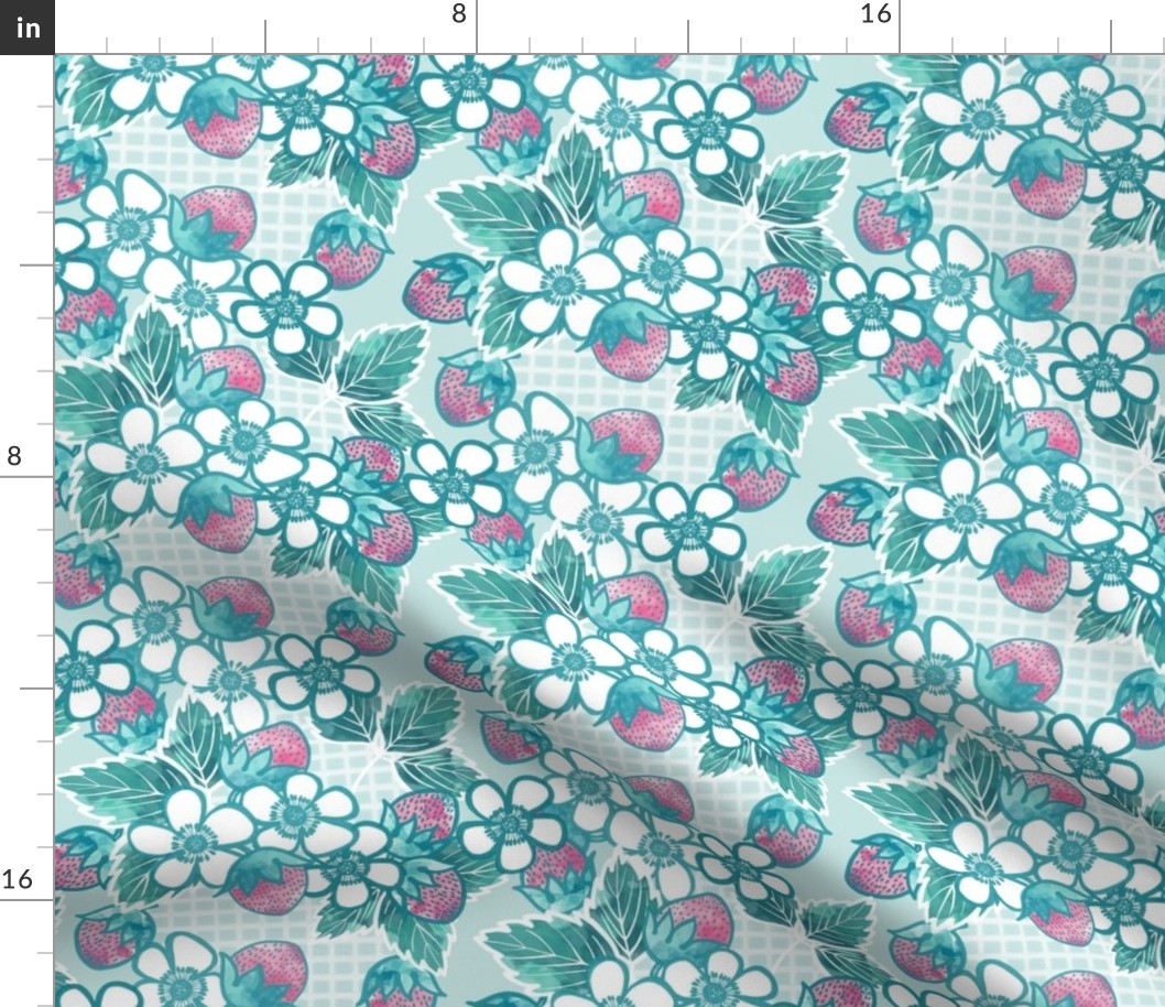 Large Floral and Strawberry in Pink and Mint 