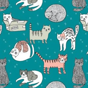 cat fabric // cute cats kitten pets design by andrea lauren - turquoise