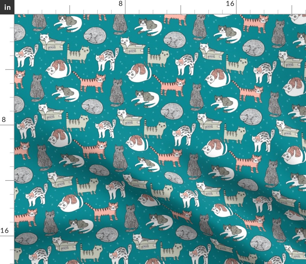 cat fabric // cute cats kitten pets design by andrea lauren - turquoise