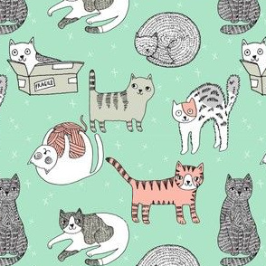 cat fabric // cute cats kitten pets design by andrea lauren - mint and peach