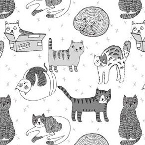 cat fabric // cute cats kitten pets design by andrea lauren - greyscale