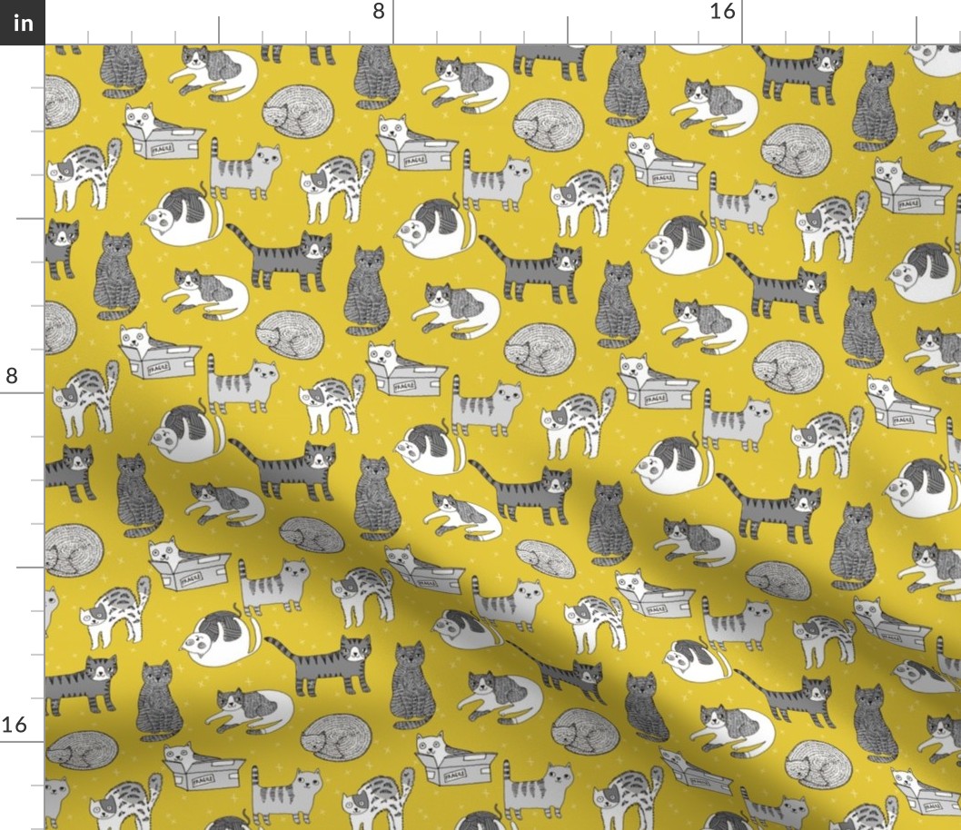 cat fabric // cute cats kitten pets design by andrea lauren - mustard