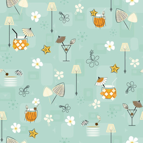 Mid-Century Hawaiian Cocktails Seamless Repeating Pattern on Light Blue