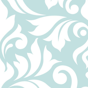 Flourish Damask Pattern White on Duck Egg Blue
