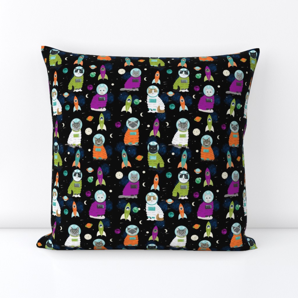 space cats fabric // cat cats design cute cats kittens kitty design - black