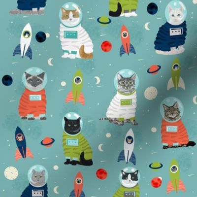space cats fabric // cat cats design cute cats kittens kitty design - blue