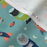 space cats fabric // cat cats design cute cats kittens kitty design - blue