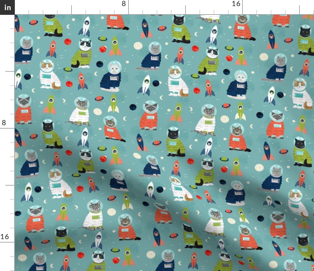 space cats fabric // cat cats design cute cats kittens kitty design - blue