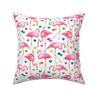 Flamingo Love - watercolor pattern with rainbow hearts - white, small