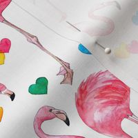 Flamingo Love - watercolor pattern with rainbow hearts - white, small