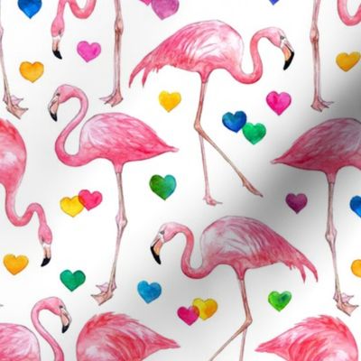 Flamingo Love - watercolor pattern with rainbow hearts - white, small