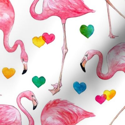 Flamingo Love - watercolor pattern with rainbow hearts - white, large
