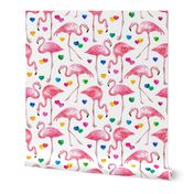 Flamingo Love - watercolor pattern with rainbow hearts - white, large