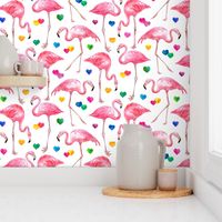 Flamingo Love - watercolor pattern with rainbow hearts - white, large