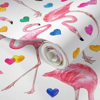 Flamingo Love - watercolor pattern with rainbow hearts - white, large