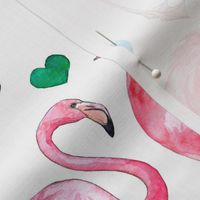 Flamingo Love - watercolor pattern with rainbow hearts - white, large
