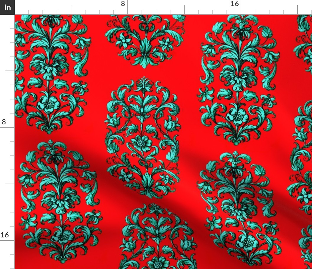 Baroque Flowers Red Teal