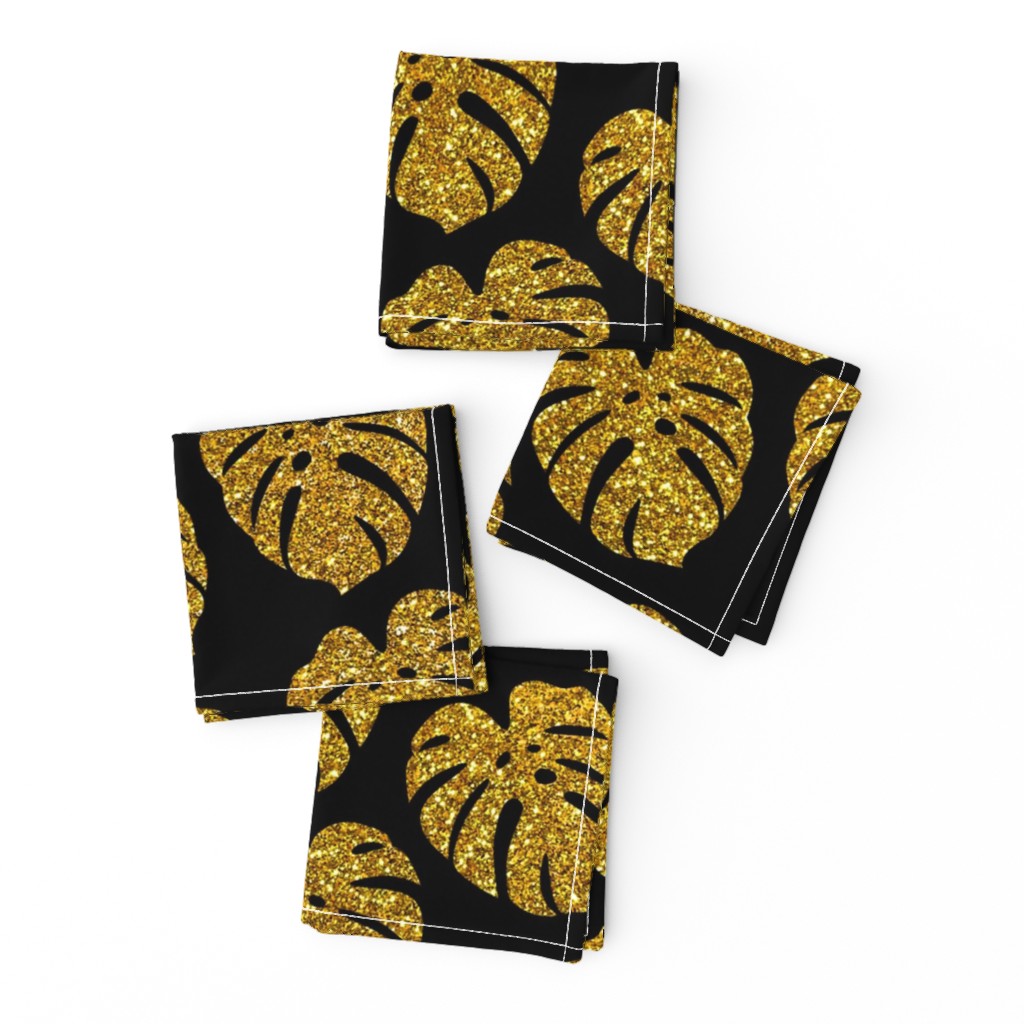 gold glitter monstera leaves - black, large