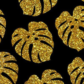 gold glitter monstera leaves - black, large