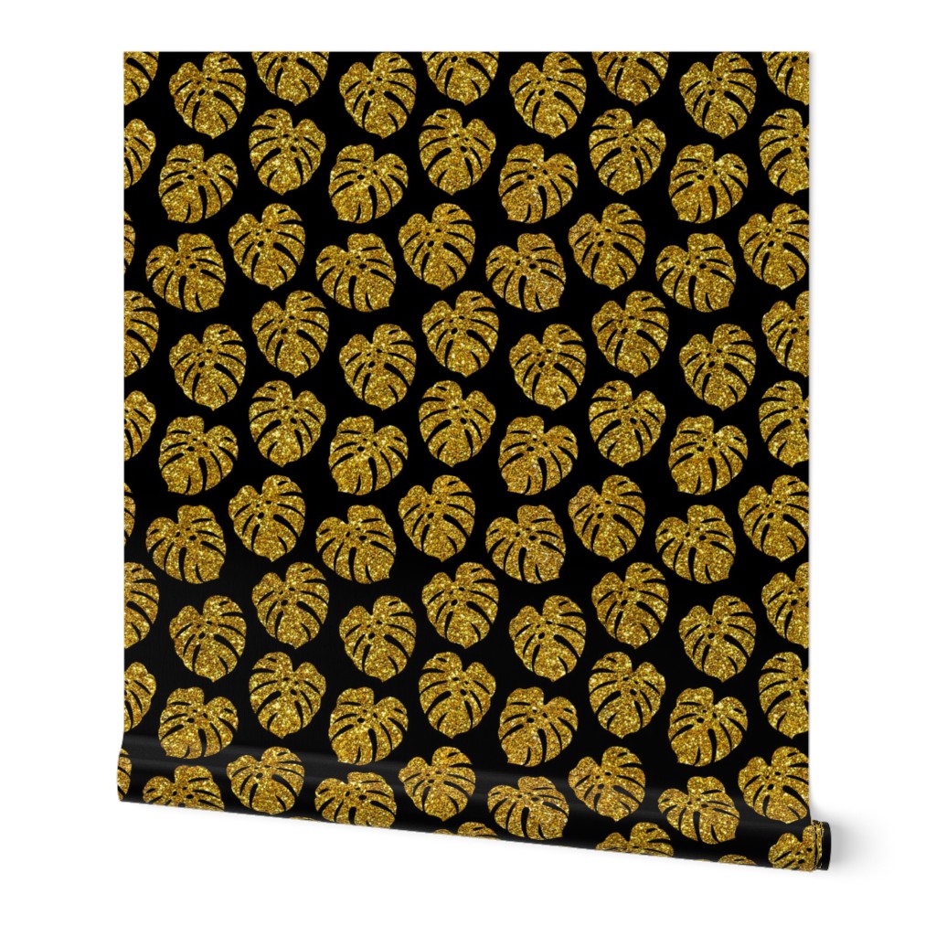 gold glitter monstera leaves - black, small