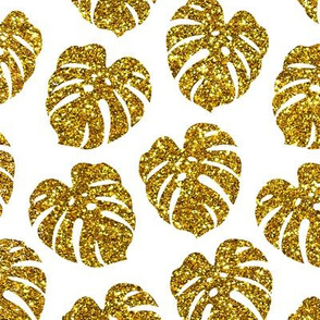 gold glitter monstera leaves - white, small