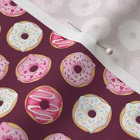 Iced Donuts - Pink on burgundy, 1 inch donuts