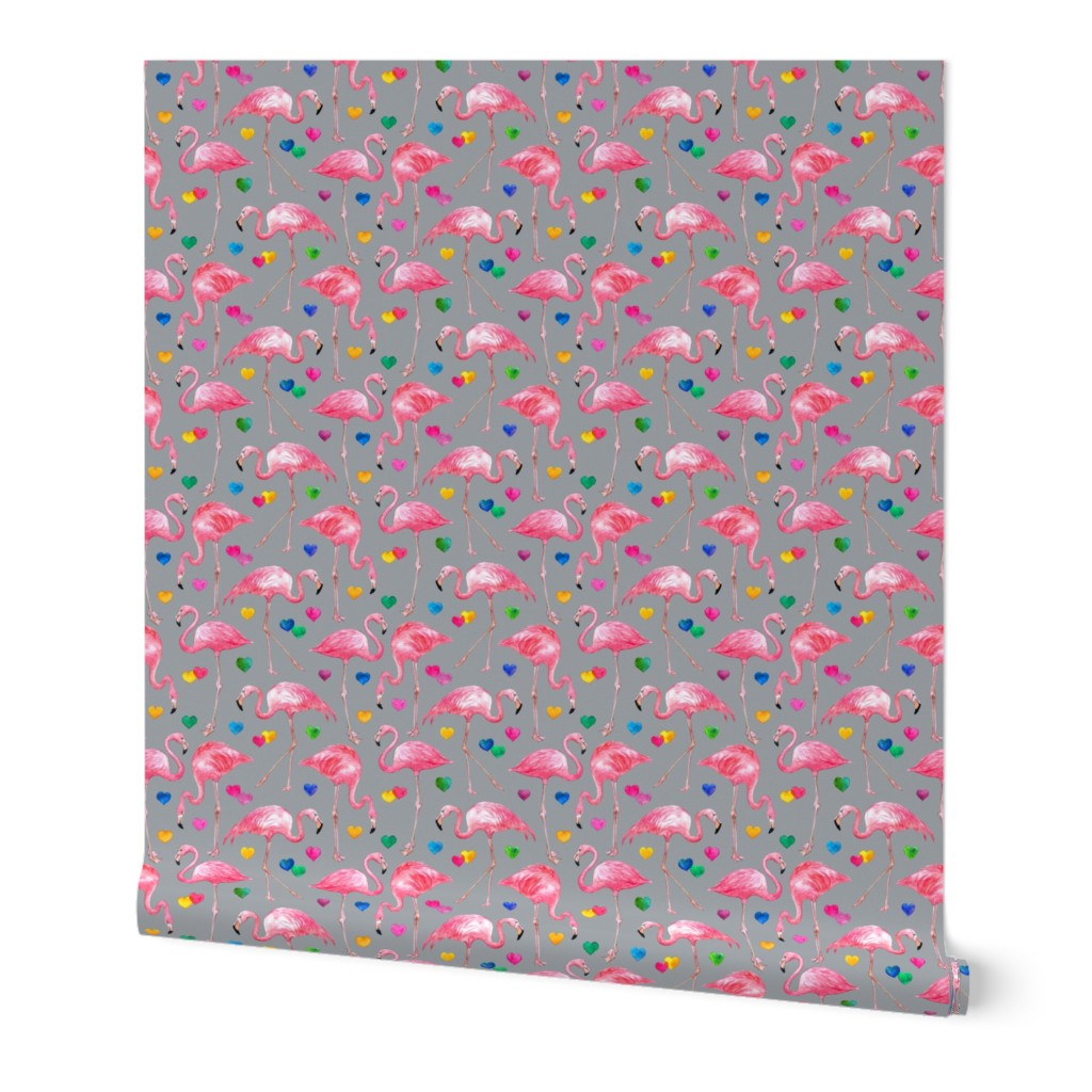 Flamingo Love - watercolor pattern with rainbow hearts - grey small