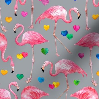 Flamingo Love - watercolor pattern with rainbow hearts - grey small