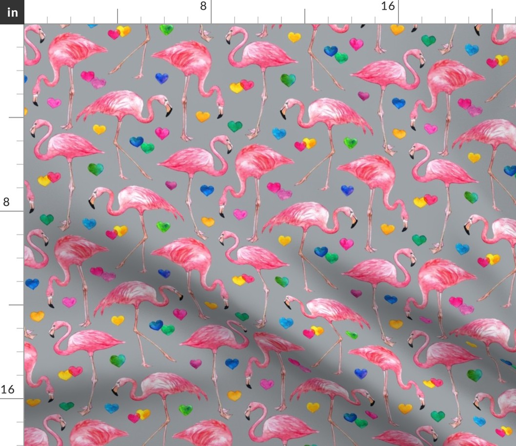 Flamingo Love - watercolor pattern with rainbow hearts - grey small