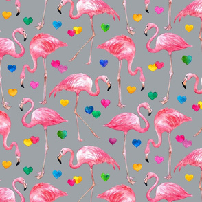 Flamingo Love - watercolor pattern with rainbow hearts - grey, large