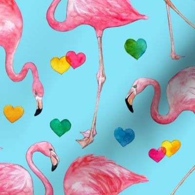 Flamingo Love - watercolor pattern with rainbow hearts - blue, large