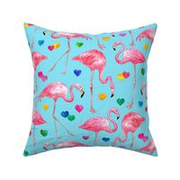 Flamingo Love - watercolor pattern with rainbow hearts - blue, large