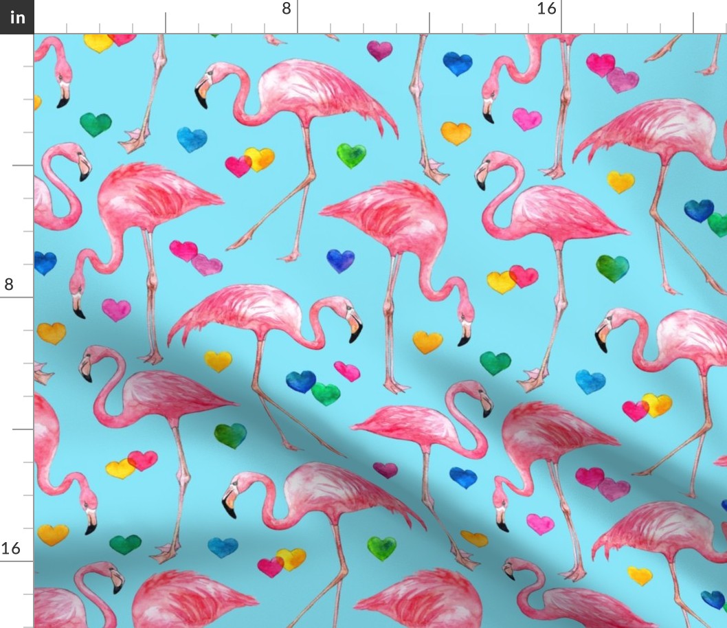 Flamingo Love - watercolor pattern with rainbow hearts - blue, large