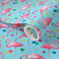 Flamingo Love - watercolor pattern with rainbow hearts - blue, small