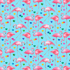 Flamingo Love - watercolor pattern with rainbow hearts - blue, small