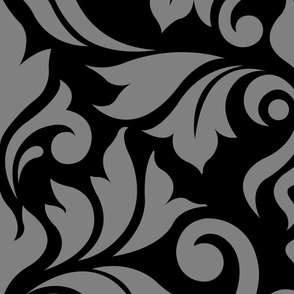 Flourish Damask Pattern Gray on Black