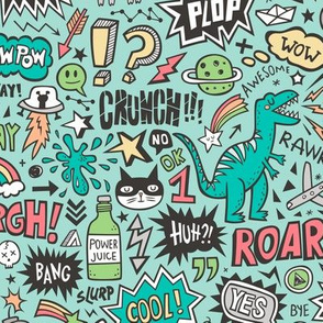 Superheroes  Dinosaurs Space  Galaxy Comic Speech Bubbles Doodle on Mint Green