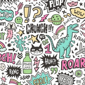 Superheroes  Dinosaurs Space  Galaxy Comic Speech Bubbles Doodle Pink on White