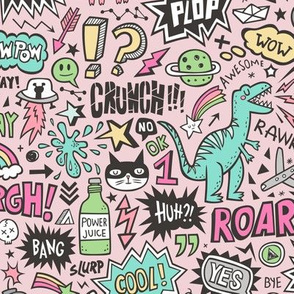 Superheroes  Dinosaurs Space  Galaxy Comic Speech Bubbles Doodle Pink on Pink