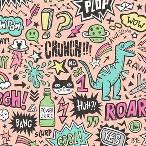 Superheroes  Dinosaurs Space  Galaxy Comic Speech Bubbles Doodle Pink on Peach